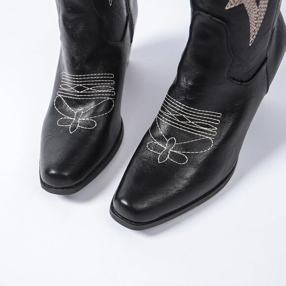 ⚡Women’s Black Knee Western Cowboy Boots Square Toe PU Leather Embroidered - Picture 3 of 8